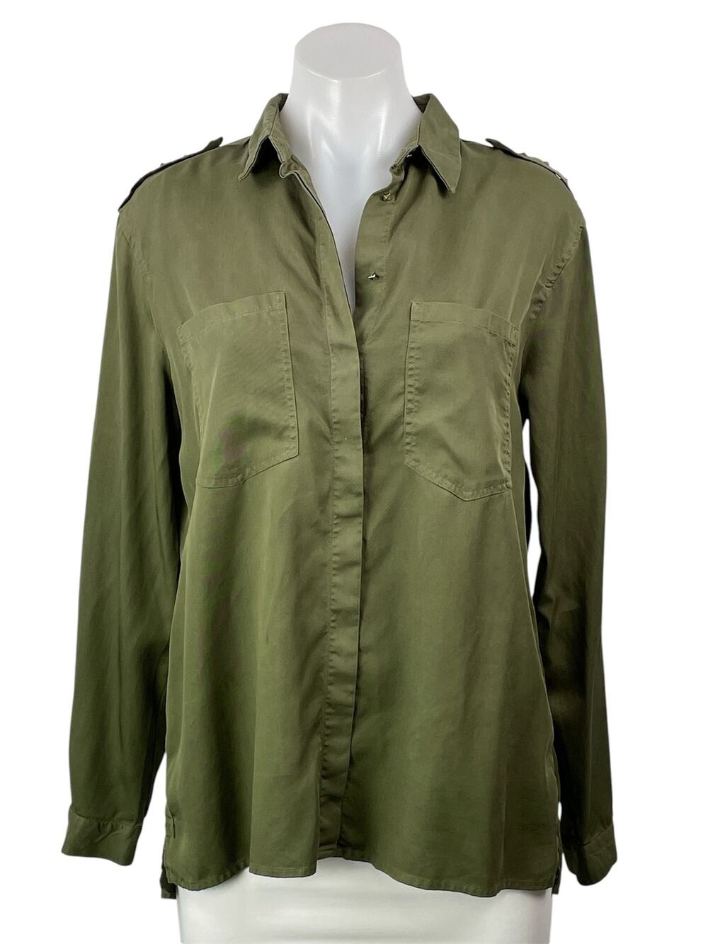 Zara Women's Green Pocket Long Sleeve Collared Button Down Shirt Top Size S